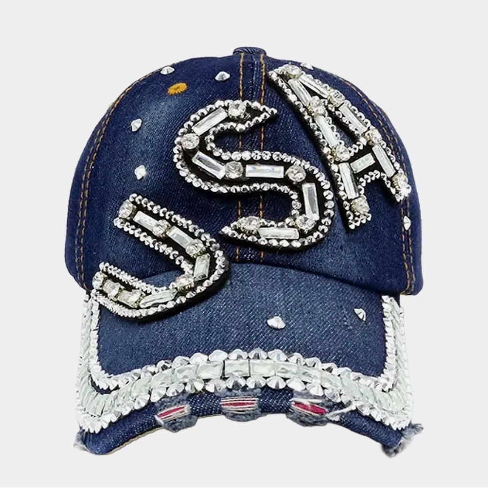 Embellished Denim Baseball Cap with Clear Rhinestones